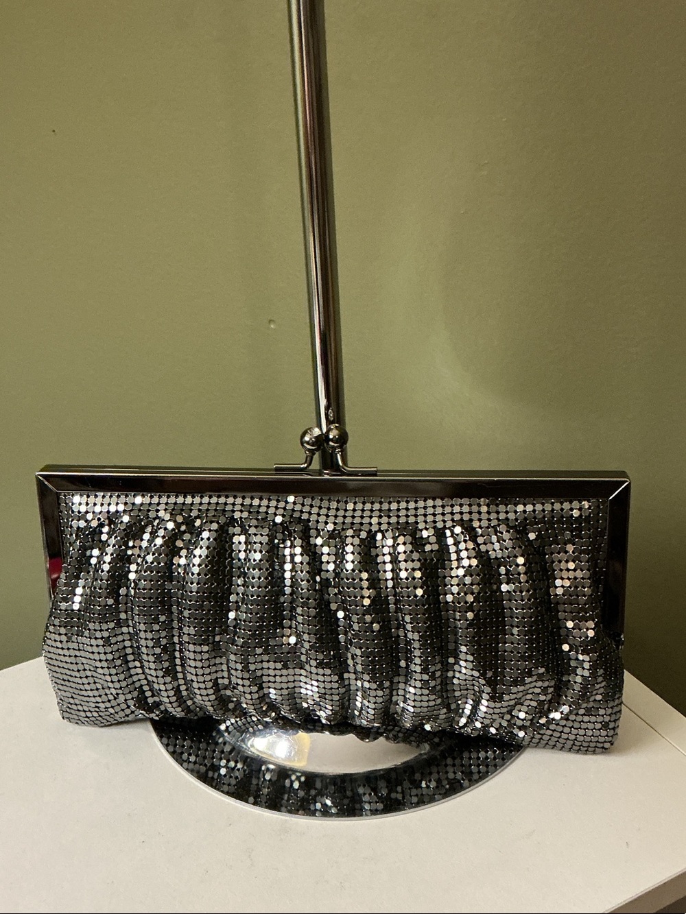 Evening Metal Mesh Silver Gunmetal Clutch Bag Kisslock Rhinestone Closure